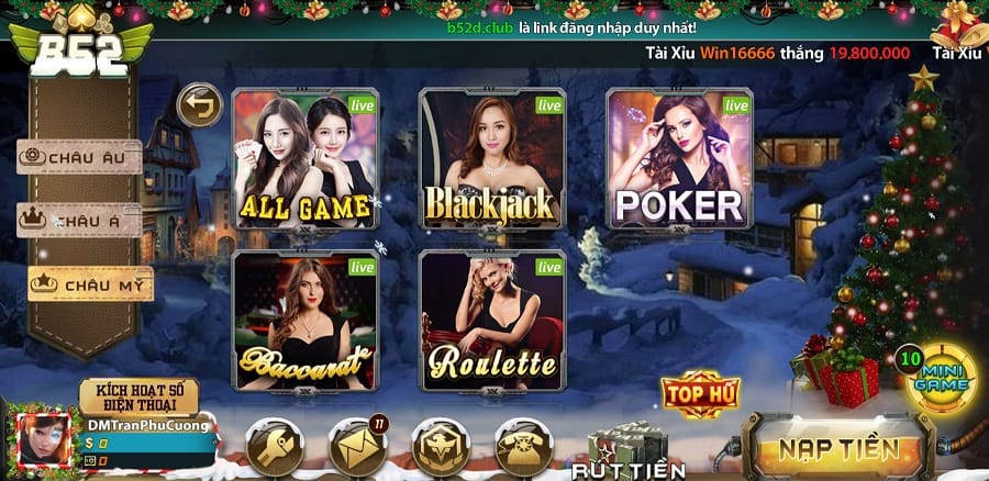 Giao diện cổng live casino có chưa Roulette tại B52 Club