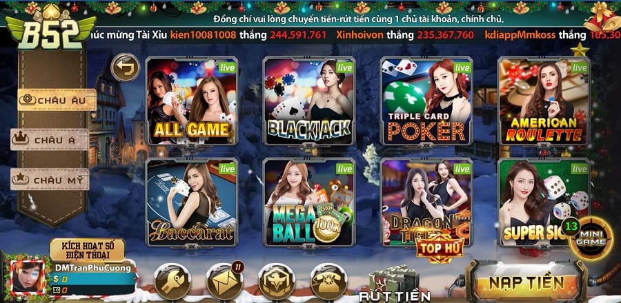 Giao diện cổng live casino châu mỹ có chứa Roulette tại B52 Club