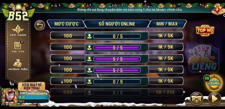 Giao diện game bài Liêng tại B52 Club