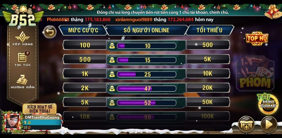 Giao diện game bài Phỏm tại B52 Club