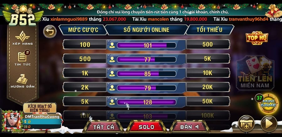 Giao diện game Tiến lên miền Nam tại B52 Club