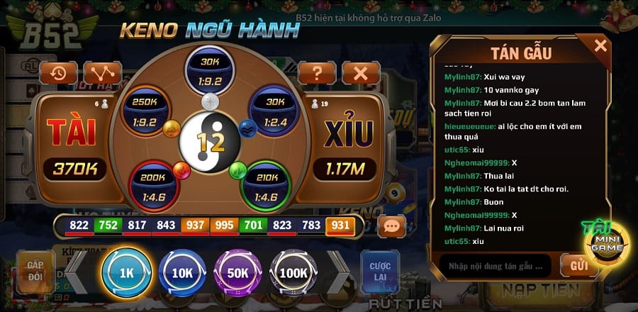 Giao diện game Keno ngũ hành tại B52 club