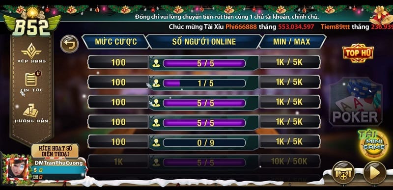 Giao diện game Poker tại B52 Club